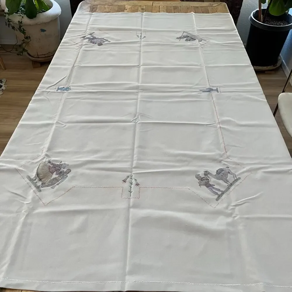 Vintage Hand-Embroidered Folk Figures & Motifs Taupe Cotton Tablecloth 52 x 70